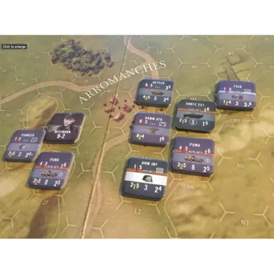 White Star Rising gameplay close-up showing platoon-level units near Arromanches in Normandy.
