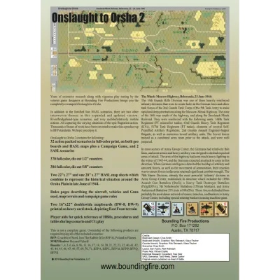 Onslaught to Orsha 2 back cover with HASL map detail, scenario information, counters, and Operation Bagration text.