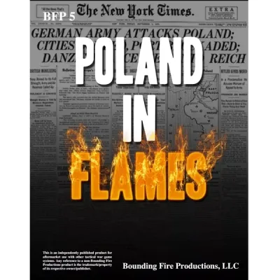 Poland in Flames cover with burning title text over a newspaper announcing the German invasion of Poland.