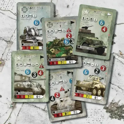 Point Blank: Winter Victory card close-up showing winter vehicle cards for German and Allied forces.