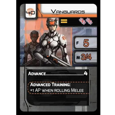 Space Infantry: Resurgence card close-up showing a Vanguard soldier with stats and advanced training ability.