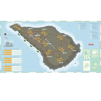 Iwo Jima 1945 game map showing the island, Japanese defence positions, Marine tracks, and support areas.