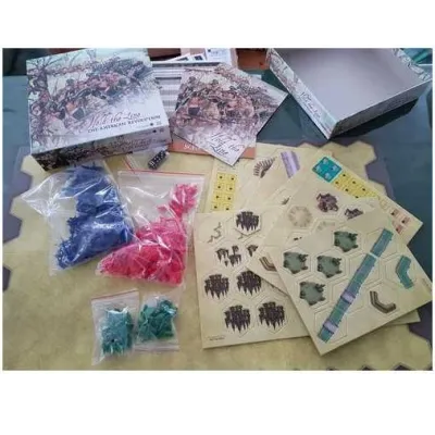 Hold the Line: The American Revolution components overview with plastic figures, terrain tiles, cards, dice, and game box.