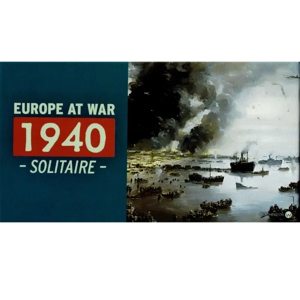 Europe at War 1940 Solitaire box front showing Dunkirk-style evacuation artwork and title panel.