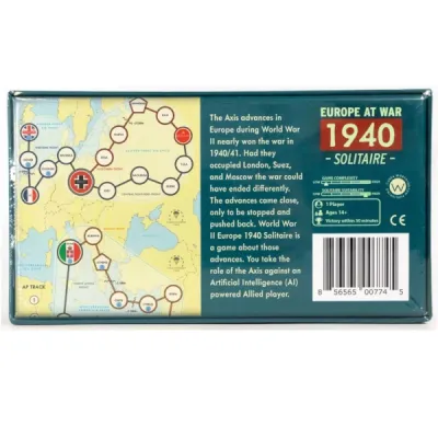 Europe at War 1940 Solitaire box back showing campaign map, game description, and Worthington branding.