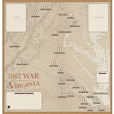1862 War in Virginia map showing campaign routes between Washington, Richmond, the Shenandoah Valley, and the Peninsula.