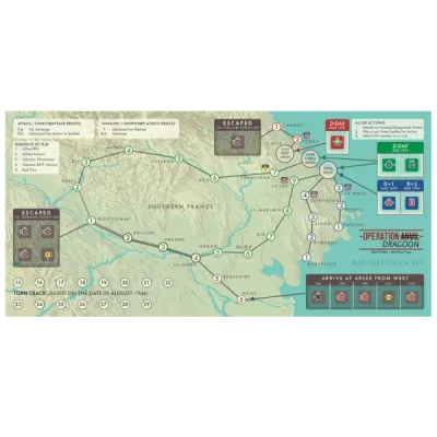 Operation Dragoon Solitaire map showing southern France, invasion routes, turn track, and action boxes.