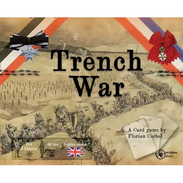 Trench War box front showing illustrated WWI trench lines, medals, and Great War card game branding.