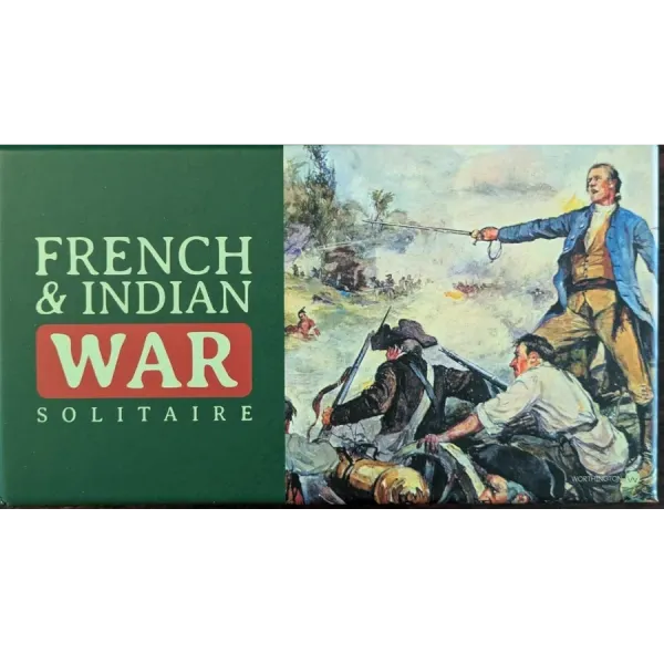 French &amp; Indian War Solitaire box front showing colonial warfare artwork and green title panel.