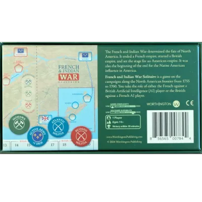 French &amp; Indian War Solitaire box back showing map detail, campaign description, game info, and Worthington branding.