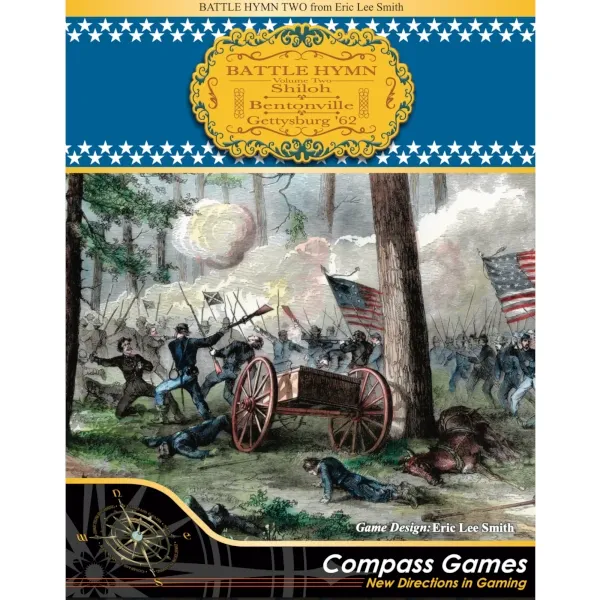 Battle Hymn Vol. 2 box front showing American Civil War battle artwork for Shiloh, Bentonville, and Gettysburg ’62.