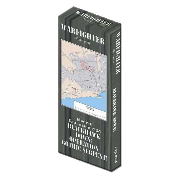 Warfighter Modern Expansion #54: Black Hawk Down – Operation Gothic Serpent box with Mogadishu map artwork.