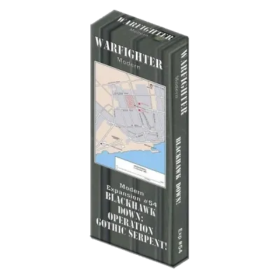Warfighter Modern Expansion #54: Black Hawk Down – Operation Gothic Serpent box with Mogadishu map artwork.