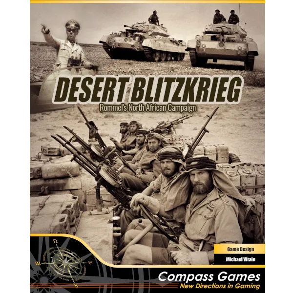 Desert Blitzkrieg box front showing Rommel, tanks, and North African desert troops.