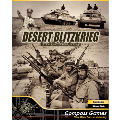 Desert Blitzkrieg box front showing Rommel, tanks, and North African desert troops.