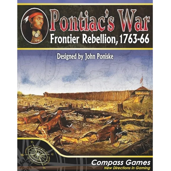 Pontiac’s War box front showing frontier fort artwork and Native American portrait.