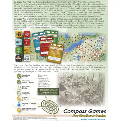 Pontiac’s War box back showing frontier map, cards, counters, components, and game information.