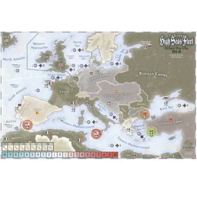 The Kaiser’s High Seas Fleet map showing WWI naval areas across Europe, the Atlantic, Mediterranean, and Black Sea.