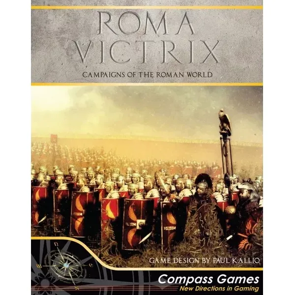 Roma Victrix box front showing Roman legionaries in formation with shields and standards.