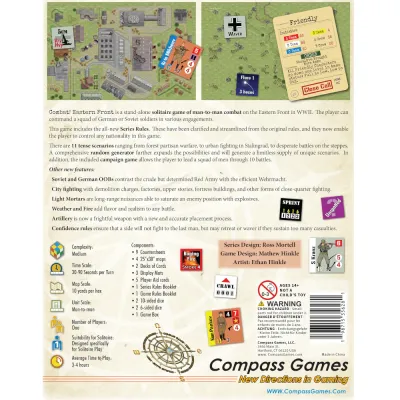 Combat! Eastern Front box back showing gameplay examples, components, features, and game information.