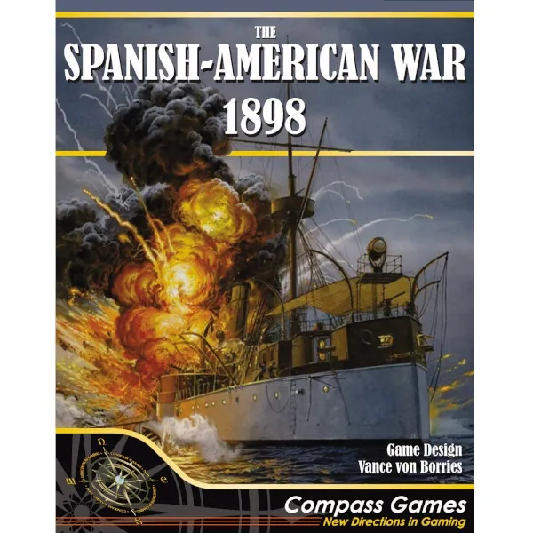 The Spanish-American War, 1898 box front showing a warship exploding at sea.