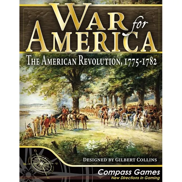 War for America box front showing Revolutionary War troops and wagons in a wooded landscape.