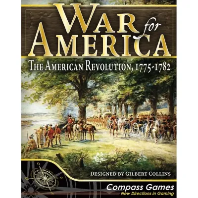War for America box front showing Revolutionary War troops and wagons in a wooded landscape.