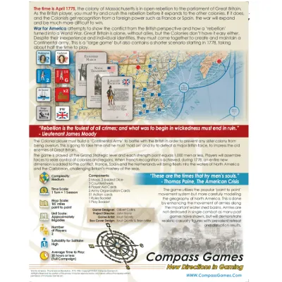 War for America box back showing American Revolution map, counters, cards, game information, and historical overview.