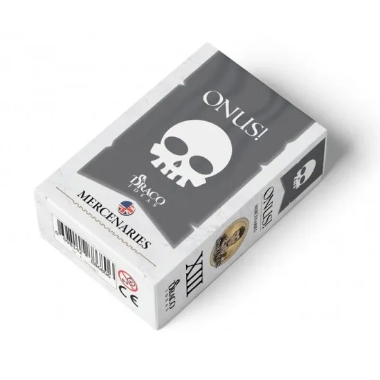 ONUS! Mercenaries card pack box with grey skull design and white sides.