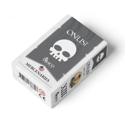 ONUS! Mercenaries card pack box with grey skull design and white sides.