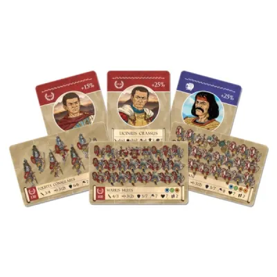 ONUS! Triumviratus Crassus cards showing Roman generals, legionaries, and cavalry.