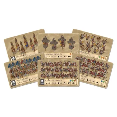 ONUS! Triumviratus Allies unit cards showing cavalry, elephants, and infantry.