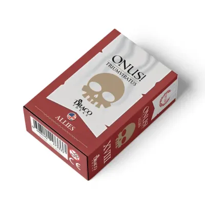 ONUS! Triumviratus Allies card pack box with red sides and skull emblem.
