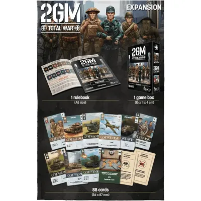 2GM Total War contents showing rulebook, box, and 88 cards.