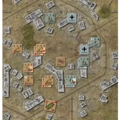 Old School Tactical map with counters and control markers among ruined buildings.