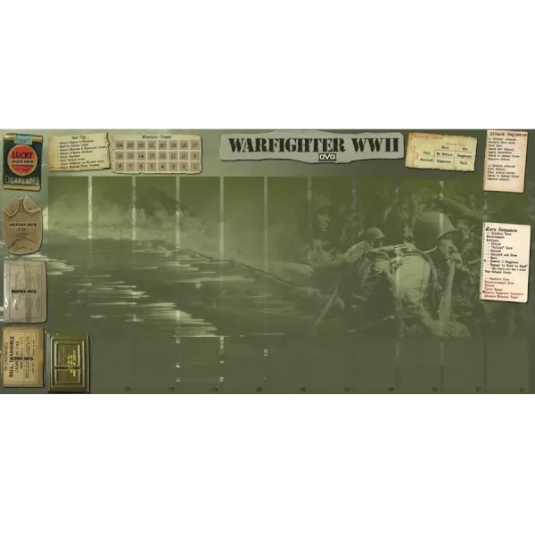 Warfighter WWII Pacific neoprene mat with card spaces and jungle combat background art.