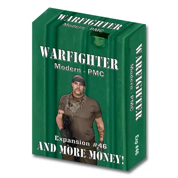 Warfighter Modern PMC Expansion #46 And More Money box showing an armed contractor on a green background.