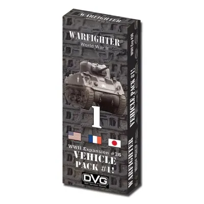 Warfighter WWII: Expansion #36 – Vehicle Pack #1 Warfighter WWII Expansion #36 Vehicle Pack #1 box with tank artwork and USA, France, and Japan flags.
