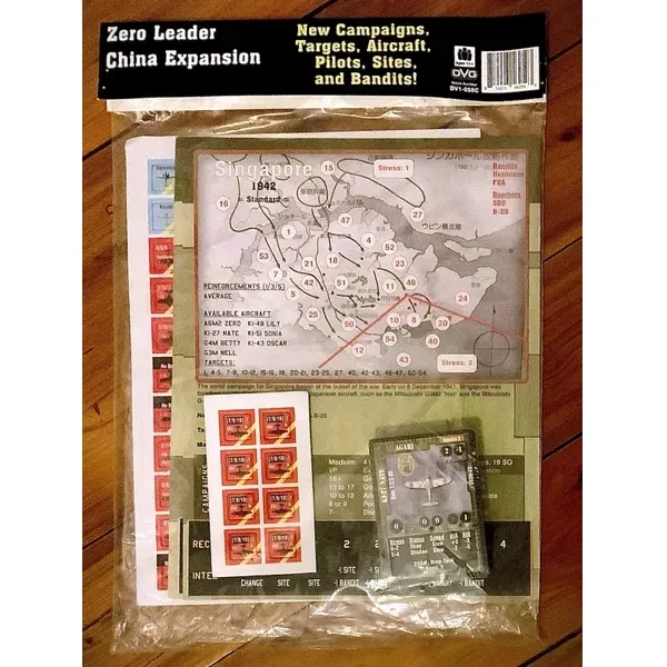 Zero Leader China Expansion contents showing campaign sheets, cards, counters, and China-Burma map.