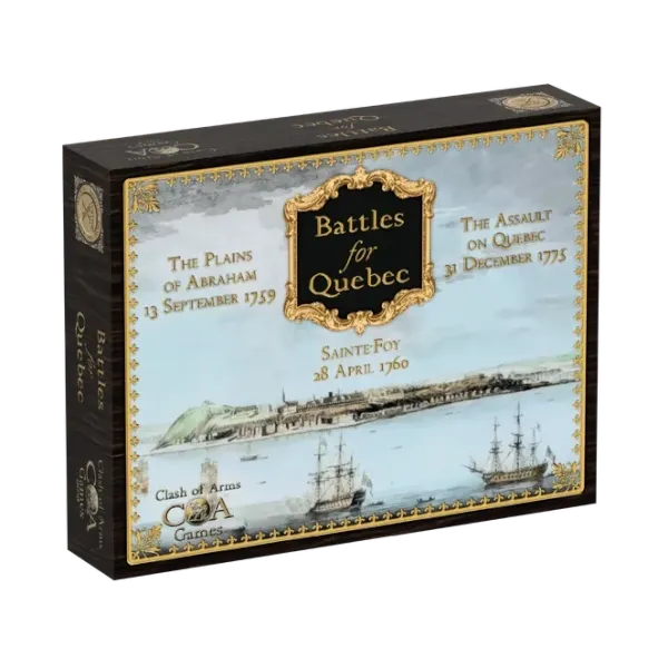 Battles for Quebec box front with ships, Quebec battle names, and Clash of Arms Games logo.
