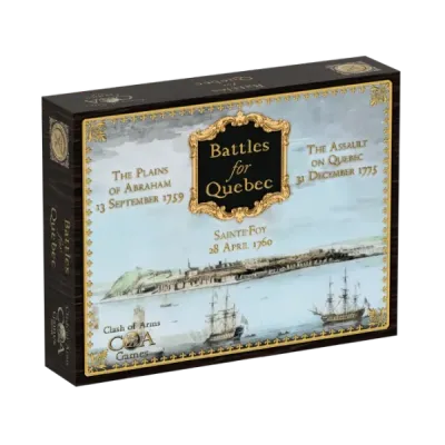 Battles for Quebec box front with ships, Quebec battle names, and Clash of Arms Games logo.