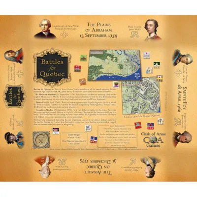 Battles for Quebec back cover with battle maps, leader portraits, counters, and component details.