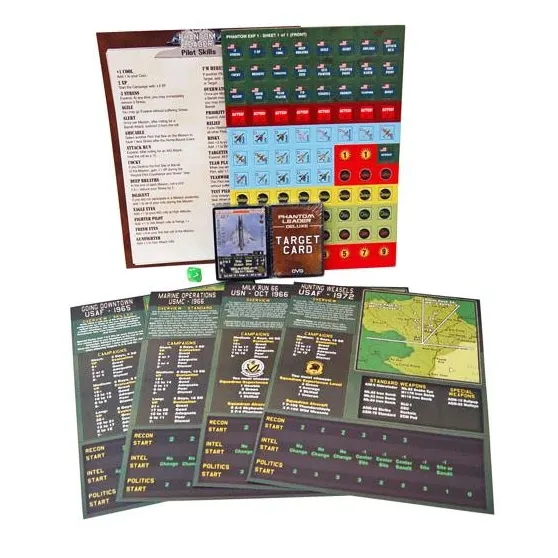 Phantom Leader Expansion #1 contents showing campaign sheets, counters, skills sheet, and target deck.