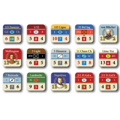 Waterloo 1815: Fallen Eagles II counters showing French, Allied, and Prussian units and leaders.