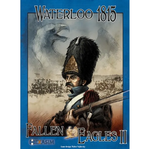 Waterloo 1815: Fallen Eagles II box cover with Napoleonic infantryman and battlefield artwork.