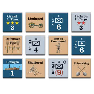 Blue &amp; Gray Deluxe Edition counters showing Civil War units, leaders, markers, and status counters.