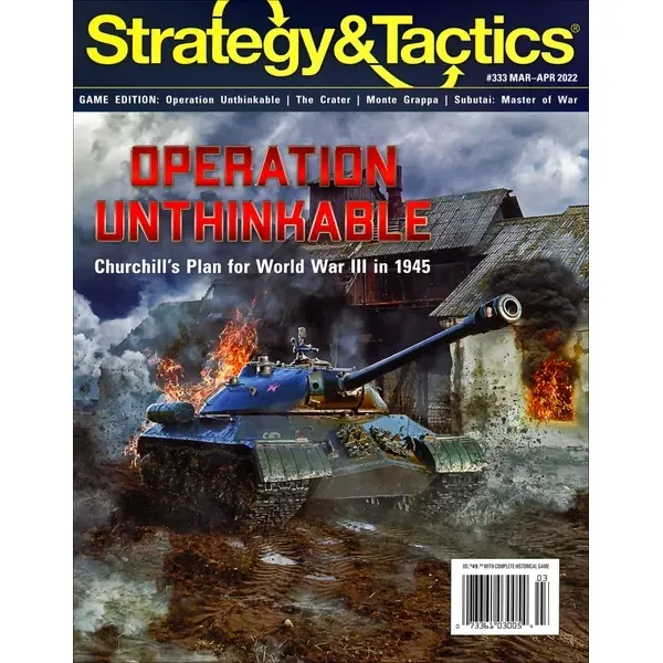 Strategy &amp; Tactics #333 cover for Operation Unthinkable, showing a Soviet tank advancing through a burning village.