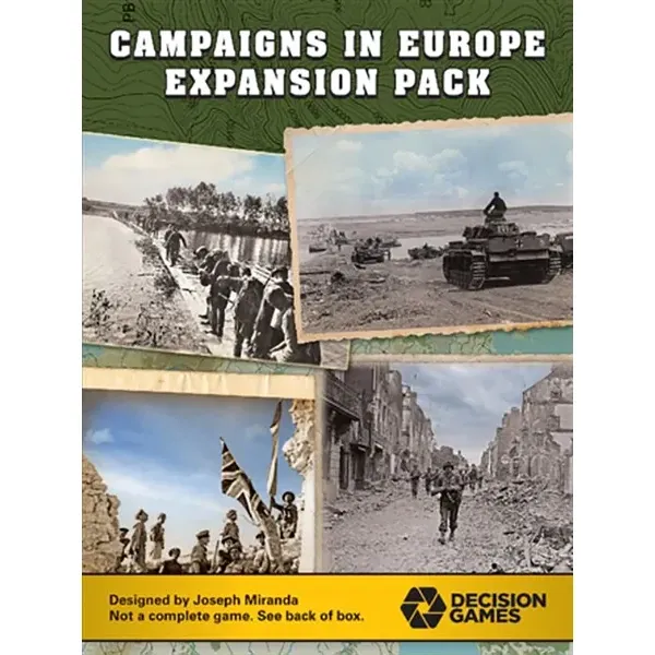 Campaigns in Europe Expansion Pack cover with WWII photos, topographic background, and Decision Games logo.