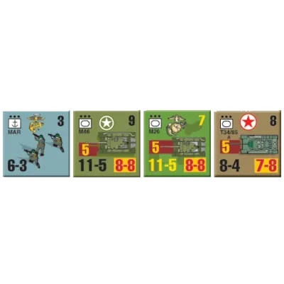 Korean War: Counter Attack counters showing aircraft and armoured vehicle units from the Korean War.