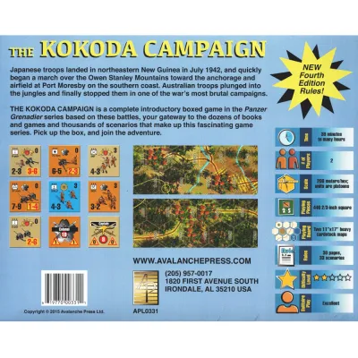 The Kokoda Campaign back cover with game description, sample counters, jungle map details, and component information.